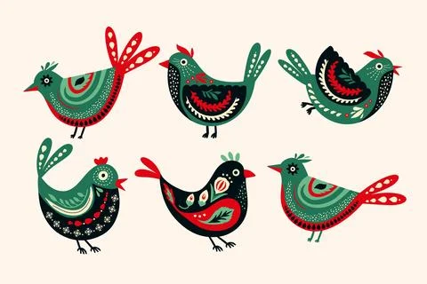 Folk Art Bird Vector Set. Scandinavian Norge Sticker Cartoon Doodle Folk Stock Illustration