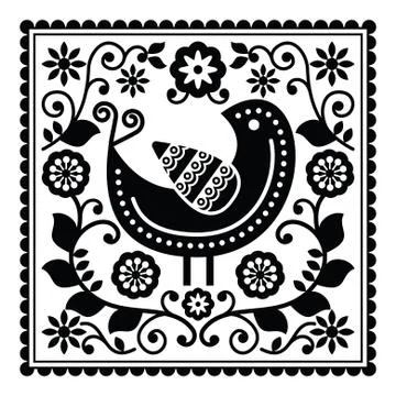 Folk art black pattern with bird and flowers Stock Illustration