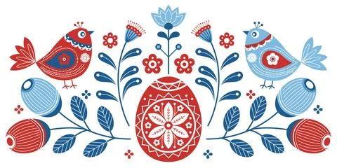 Folk Art Easter Vector Illustration with Ornate Birds Floral Elements and D.. Illustrazione stock