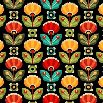 Folk art floral pattern with repeating stylized blooms on black Stock Illustration