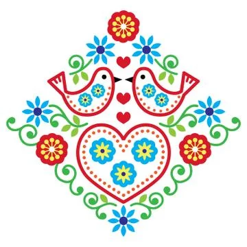 Folk art floral vector pattern with birds and flowers Stock Illustration