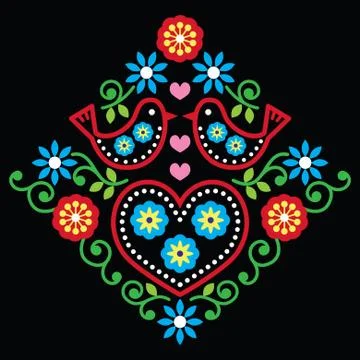 Folk art floral vector pattern on black Stock Illustration