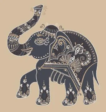 Folk art indian elephant, vector dot painting illustration Stock Illustration