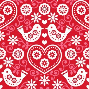 Folk art red seamless pattern with flowers and birds Stock Illustration