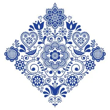 Folk art retro square vector pattern with birds and flowers Illustrazione stock
