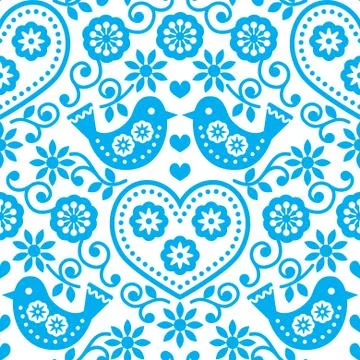 Folk art seamless blue pattern with flowers and birds Stock Illustration