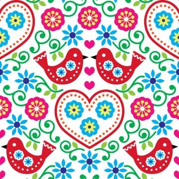 Folk art seamless pattern with flowers and birds Stock Illustration
