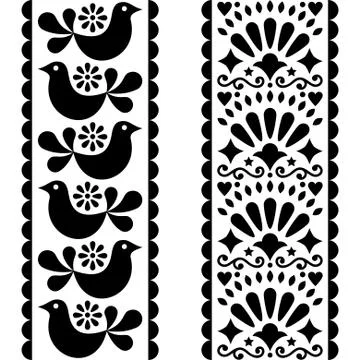 Folk art seamless pattern - Mexican style long stripes design with birds Stock Illustration