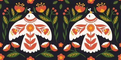 Folk Art Seamless Pattern with Stylized Birds and Floral Elements in Traditio 스톡 일러스트