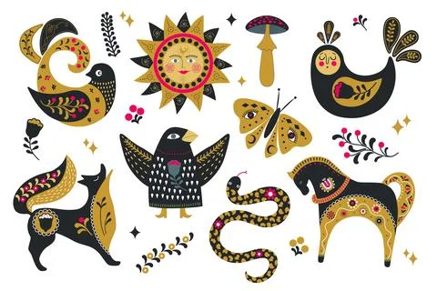 Folk art set with vector animals, birds and sun in scandinavian style 스톡 일러스트
