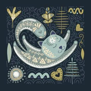Folk art vector cat illustration. Stock Illustration