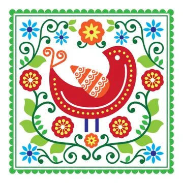 Folk art vector pattern with bird and flowers Stock Illustration