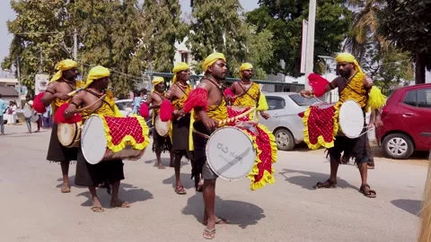 Folk artists with their Drum Instruments in Dasara festival in India. Stock Footage 246799247