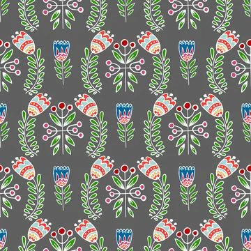Folk bird and flower ornament. Pattern in hand draw style, created for fabric Stock Illustration