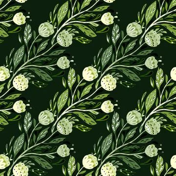 Folk bouquet seamless pattern in creative doodle style. Black background. Gre Stock Illustration