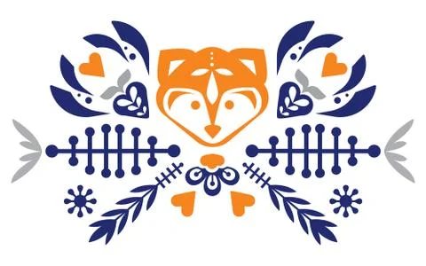Folk cute folk pattern with fox and flowers. Patterned heart. Mascot. Logo. イラスト素材