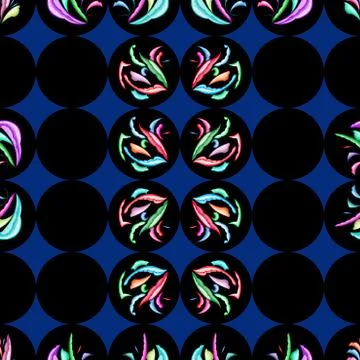 Folk dark blue geometric pattern with black circles. Stock Illustration