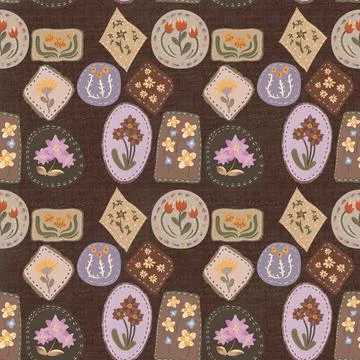 Folk floral patchwork seamless pattern on textured brown Stock Illustration