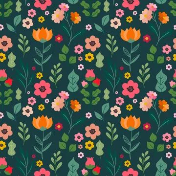 Folk floral seamless pattern. Cute romantic wildflowers pattern on green ba.. Stock Illustration