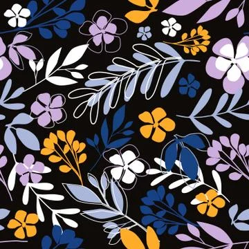 Folk floral seamless pattern. Modern abstract little flowers and leaves endle Stock Illustration