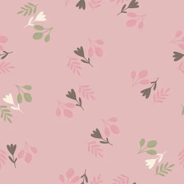 Folk flower seamless doodle pattern. Simple botanical shapes ornament on pink Stock Illustration