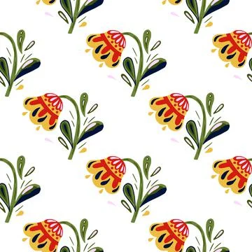 Folk flower seamless doodle pattern with red flowers design. Isolated botanic Stock Illustration