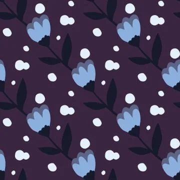 Folk flower silhouettes seamless pattern. Blue buds on dark purple backround  Stock Illustration