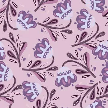 Folk flowers abstract seamless pattern with violet ornament. Pink backround.  Stock Illustration