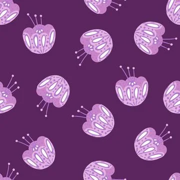 Folk flowers doodle seamless pattern with random lilac folk flowers ornament. Illustrazione stock