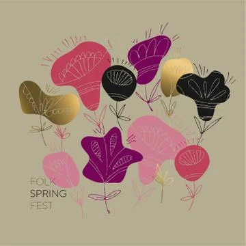 Folk flowers sketch poster vector template Illustrazione stock