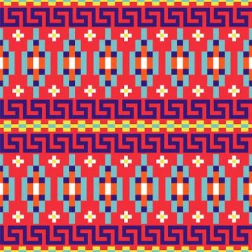 Folk geometric seamless red pattern with meander border shapes texture. Stock Illustration
