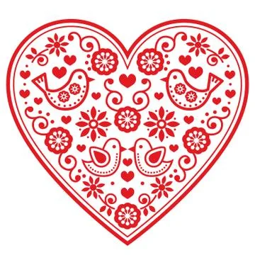 Folk heart vector pattern with flowers and birds - Valentine's Day Stock Illustration