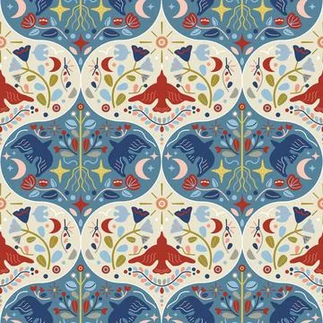 Folk nordic vector seamless pattern. Scandinavian repeated design with geometric Stock Illustration