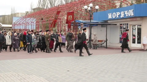 Folk procession with the Cossacks on the street Stock Footage 60246858