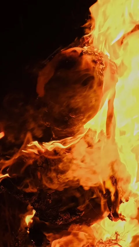 Folk Ritual Burning Straw Doll At Spring Celebration Festival Stock Footage 338354040