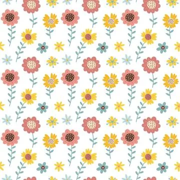 Folk seamless pattern with spring flowers, leaves and branches. Vector 스톡 일러스트