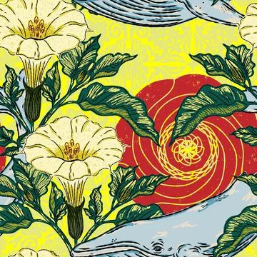 A folk-style pattern featuring a whale, datura flowers, and a sun with an Asi Illustrazione stock