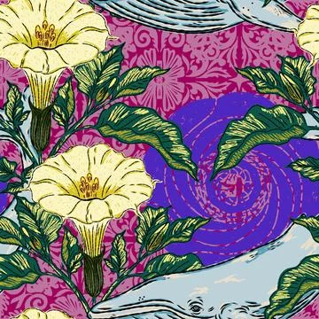 A folk-style pattern featuring a whale, datura flowers, and a sun with an Asi Stock Illustration