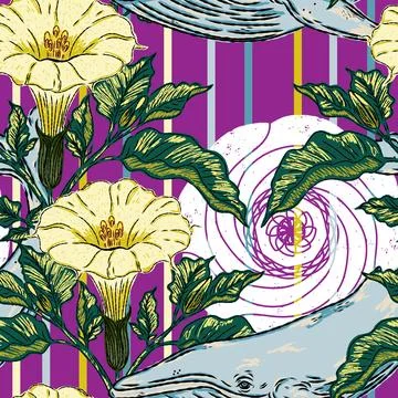 A folk-style pattern featuring a whale, datura flowers, and a sun with an Asi Stock Illustration
