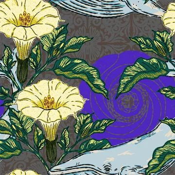 A folk-style pattern featuring a whale, datura flowers, and a sun with an Asi Stock Illustration