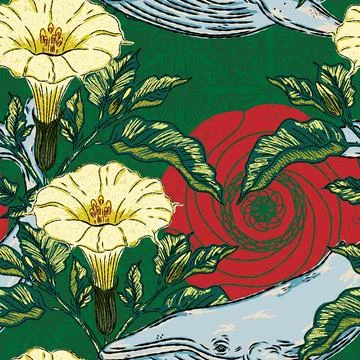 A folk-style pattern featuring a whale, datura flowers, and a sun with an Asi Ilustración de archivo