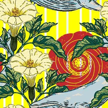 A folk-style pattern featuring a whale, datura flowers, and a sun with an Asi Stock Illustration