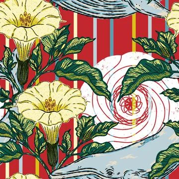 A folk-style pattern featuring a whale, datura flowers, and a sun with an Asi 스톡 일러스트