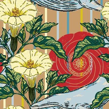 A folk-style pattern featuring a whale, datura flowers, and a sun with an Asi Stock Illustration