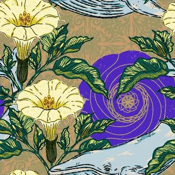 A folk-style pattern featuring a whale, datura flowers, and a sun with an Asi Stock Illustration