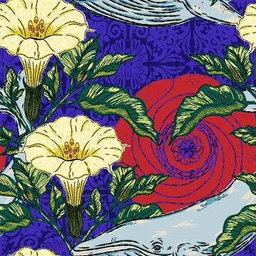 A folk-style pattern featuring a whale, datura flowers, and a sun with an Asi Stock Illustration