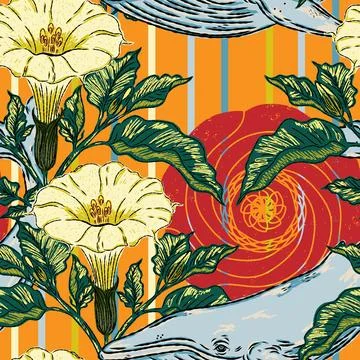 A folk-style pattern featuring a whale, datura flowers, and a sun with an Asi Stock Illustration