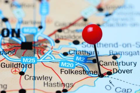 Folkestone pinned on a map of UK Stock-Fotos