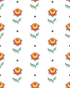 Folklore floral seamless pattern. Hand drawn graphic flower, leaf cute Nordic Stock Illustration