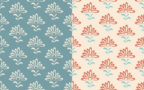 Folklore floral seamless patterns, set of 2. Doodle cartoon style, hand drawn Stock Illustration